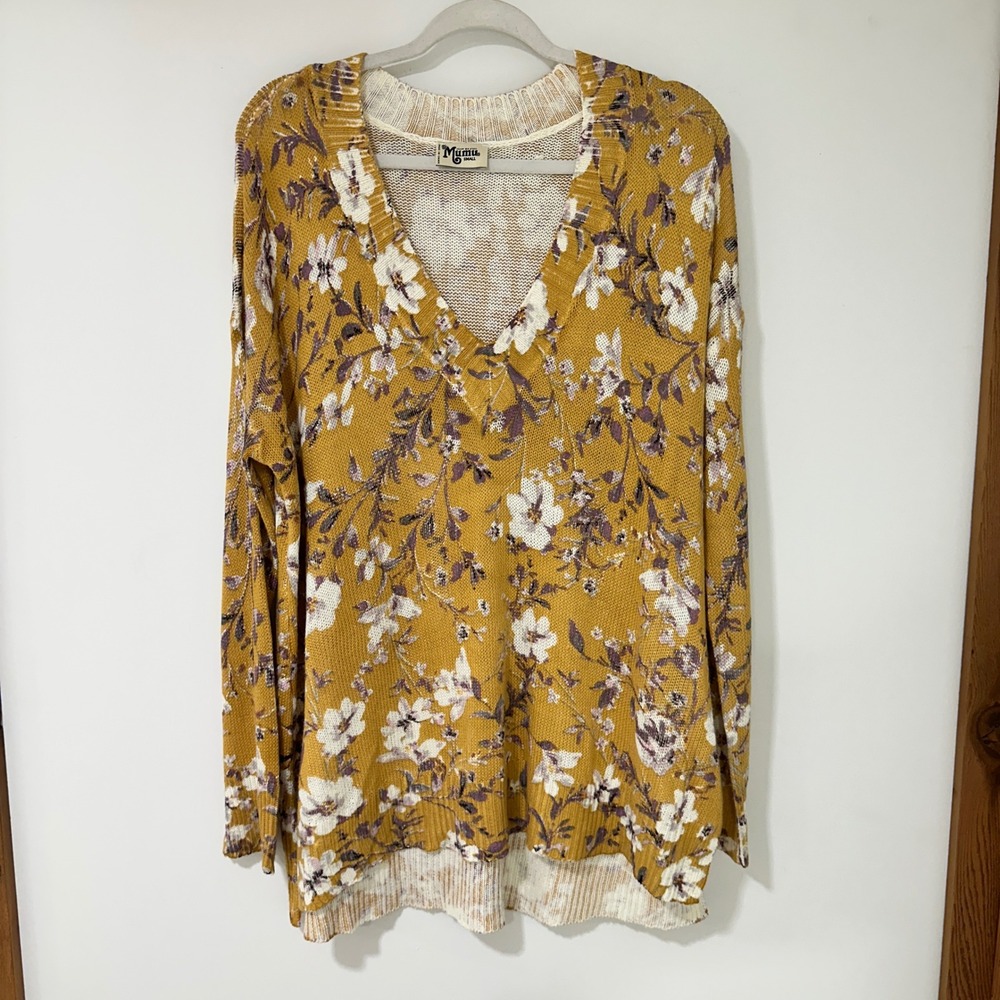 Show Me Your Mumu Cliffside Sweater Small Yellow Flirtin Floral Knit V-Neck Boho